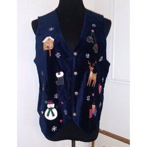 Womens Vintage Vest Velvet Blue Sz M Christmas Patches Button Front Casey Max